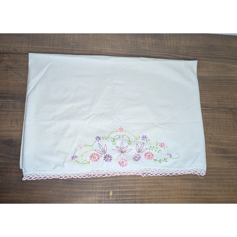 Vintage Hand Embroidered Floral Pillowcase Pink Purple White Crocheted Lace Trim